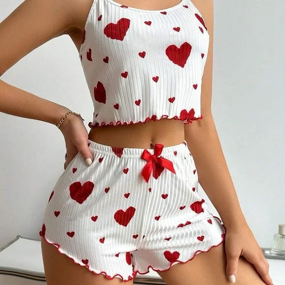 Women’s Sweetheart Crop Casual Pajama Short Set Size Medium - Picture 4 of 16
